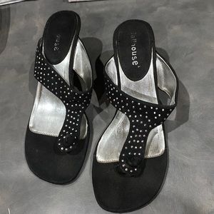 Black and silver studded slip on kitten heels